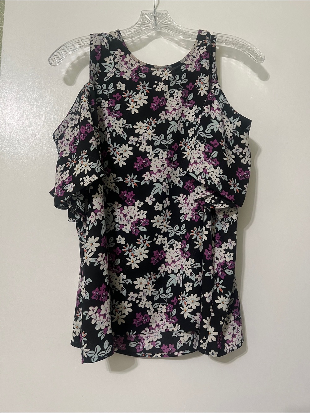 Express Black Cold-Shoulder Floral Blouse with Purple & White Flowers